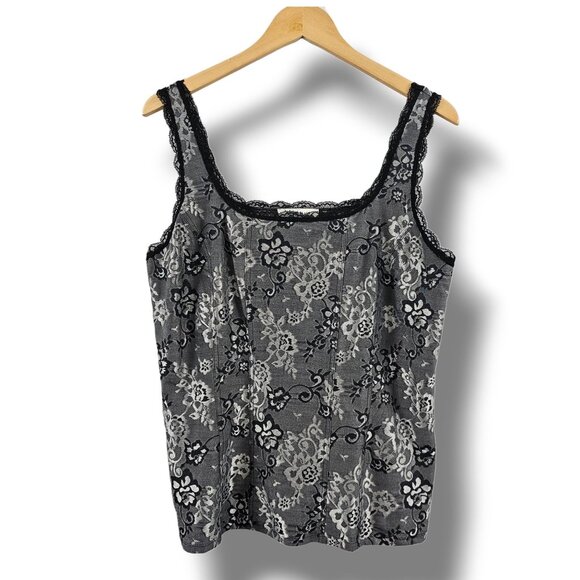 WHBM Tank Top XL Black Lace Silver Gray Floral Dressy Holiday Whimsigoth Grunge - Picture 1 of 11